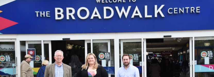 Cllr Nick Mearing-Smith, Cllr Lucy Wakeley and Cllr Shuey Gordon stood outside Broadwalk Shopping Centre 